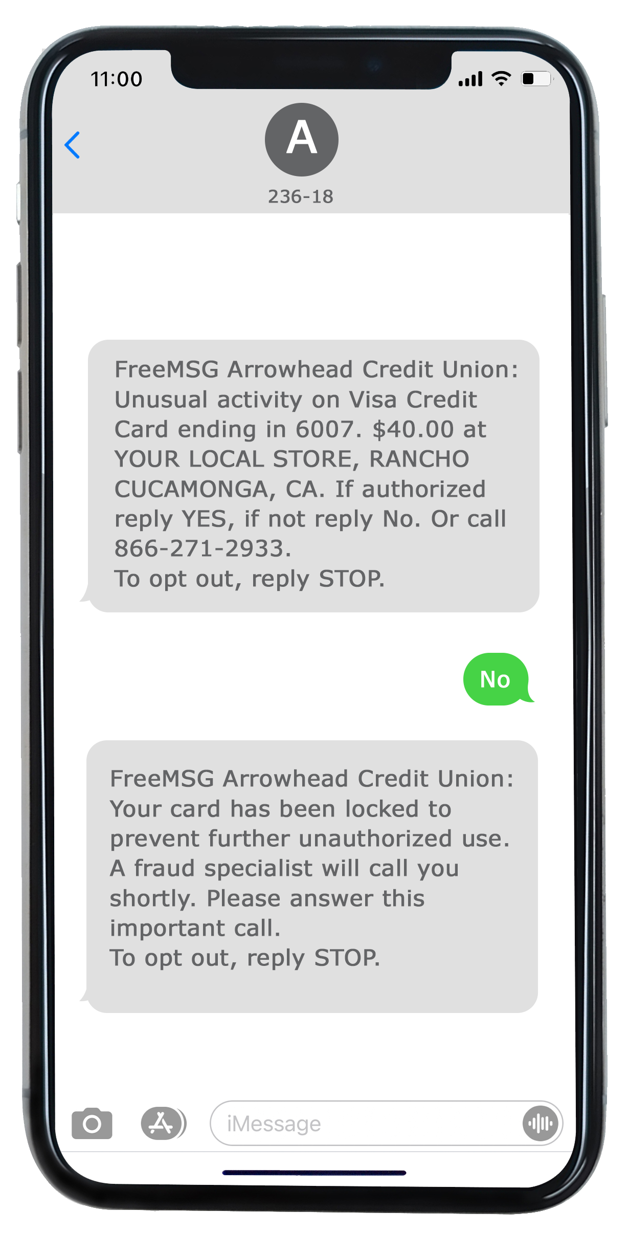 fraud alert sms example