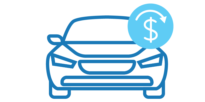 car icon with dollar sign and skip arrow